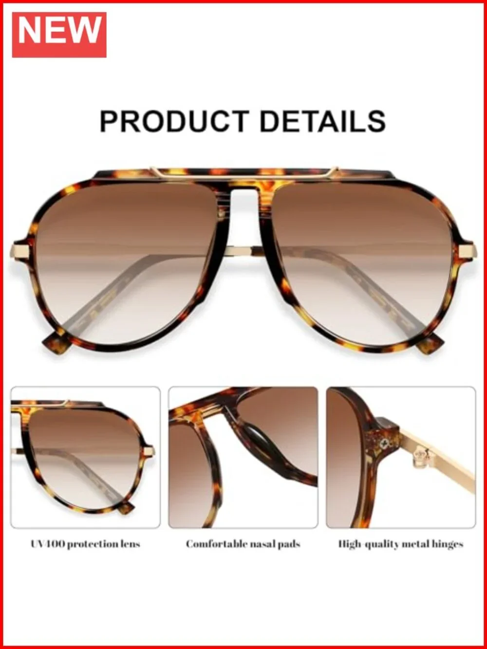 Oversized Aviator Sunglasses 70s Retro Metal Gold Tangle Free UV Protection
